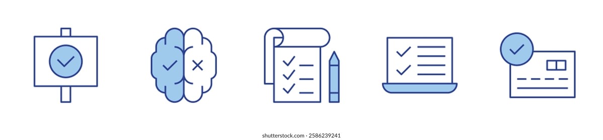 task list, testing, credit card, approved, decision making. Checkmark Icon vector illustration. Line Duotone style. Editable stroke.
