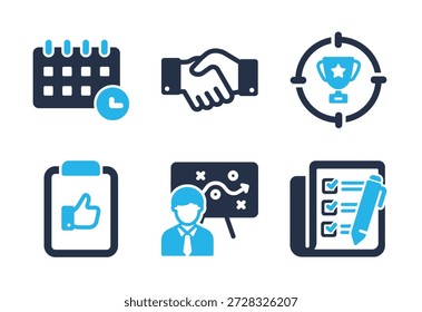 Conjunto de iconos de Gestión de tareas y logros. Iconos de la serie de glifos sólidos