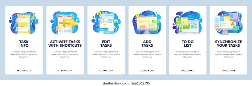 Taskmanagement-App. Liste zu machen, Business-Produktivitäts-Manager. Mobile App-Onboarding-Bildschirme. Menüs Vektorillustration Banner Vorlage für Website und mobile Entwicklung. Website-Design-Illustration.