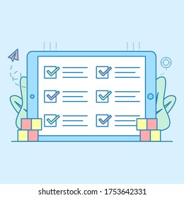 Task management app with light outline style. Vector illustration. Task management app flat vector. Ready to use for website, mobile app, presentation and any other projects. Schedule date on screen