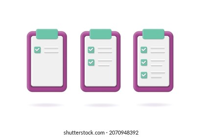 Task management check list 3d icons set. Efficient work, project plan concept, short questionnaire, approved check box.
