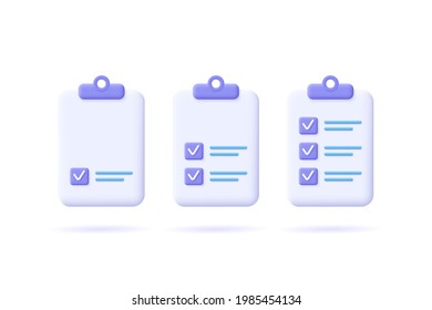Task management check list, efficient work, project plan, fast progress, level up concept, assignment and exam, productivity solution icon.  3d vector illustration.