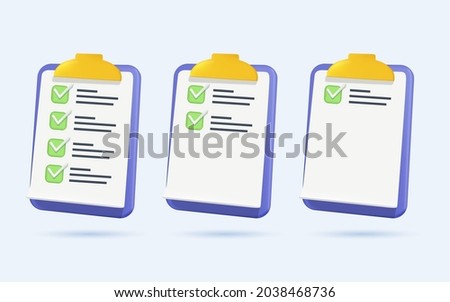 Task management check list, efficient work, project plan, fast progress, level up concept, assignment and exam, productivity solution icon. 3d vector illustration. 3D free to edit, isolated on white.