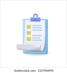 task management checklist icon in a 3D white clipboard, effective work on a project plan, 3d level-up concept, assignments and exams, a tick icon for productivity solutions. 3d vector rendering