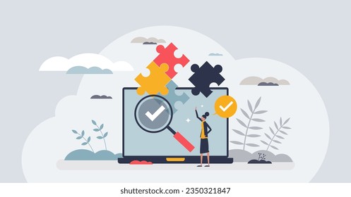 Task management and complex organizing or arranging work tiny person concept. Effective arrangement and productive planning strategy vector illustration. Project control as puzzle pieces connection.