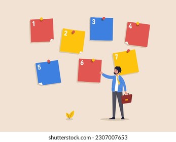 Task management concept. Arrange to do list which job to do before and after, set work priority, young entrepreneur businessman manage to prioritize sticky note with number. Flat vector illustration.