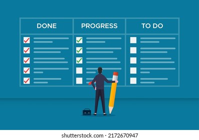 Task management concept. Businessman filling check list on the scrum task board, vector illustration