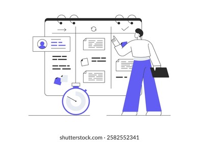 Task management concept. Man Character Task management application, business software, productivity online platform, progress tracking. Flat Cartoon Vector Illustration, icon. Stylish abstract 