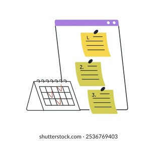 Conceito de gerenciamento de tarefas. Tempo de planejamento, organização do trabalho com agendamento, calendário de negócios, notas, prioridades. Rastreando progresso, prazos. Ilustração de vetor plano isolada no plano de fundo branco