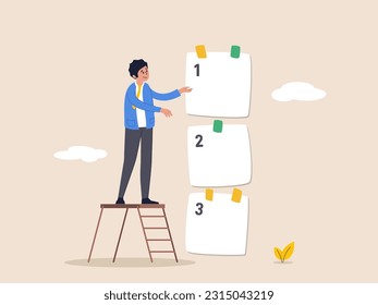 Task management concept. Set work priority, arrange to do list which job to do before and after, young entrepreneur businessman manage to prioritize sticky note with number first, second and third.