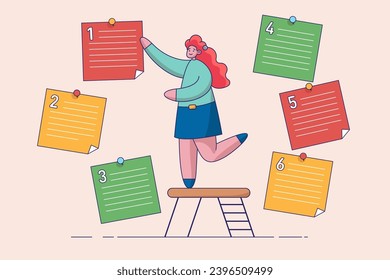 Task management concept. Set work priority, arrange to do list which job to do before and after, young entrepreneur businesswoman manage to prioritize sticky note with number first, second and third.