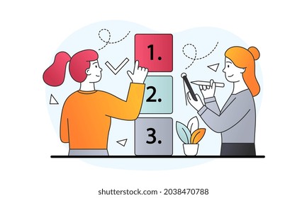 Task Management Concept. Woman Sets Priorities And Makes List Of Things To Do. Employees Manage Their Working Time Competently. Cartoon Doodle Flat Vector Illustration Isolated On White Background