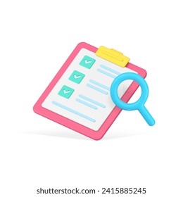 Task management effective time planning to do list checklist control searching 3d icon realistic vector illustration. Work success organization marketing process development and productivity