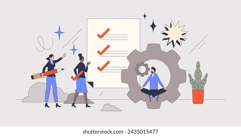 Task management and effective work organization retro tiny person concept. Schedule and plan for business efficiency vector illustration. Project organization and activities for productivity boost.
