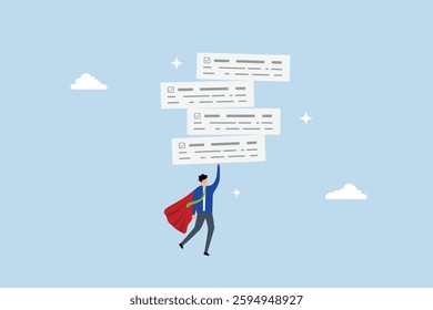 Task management, entrepreneur hero soaring with finished project boards. 