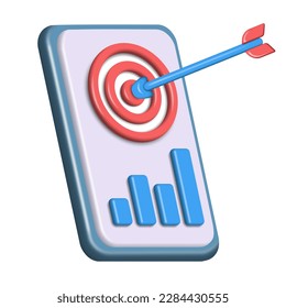 Gestión de tareas, instrumentos financieros y logro de objetivos, planificación del tiempo. Teléfono de icono comercial con gráfico de destino y stock. Ilustración vectorial 3d. Concepto de inversión, negocios, beneficios y éxito