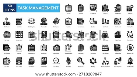 Task Management Glyph Icon Set. Task List, Checklist, To Do Board, Schedule, Pending Task, Daily Plan, Weekly Plan, assign task