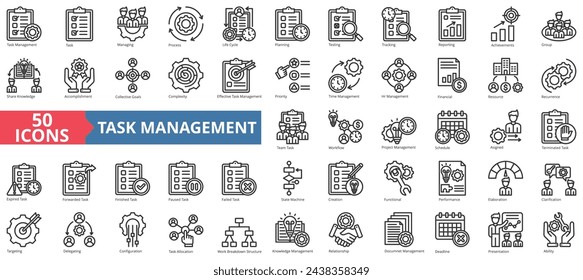 Task management icon collection set. Containing task, managing, process, life cycle, planning, testing, tracking icon. Simple line vector