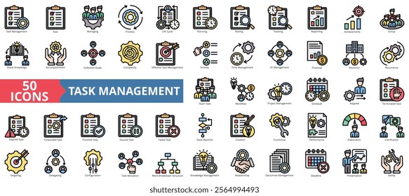 Task management icon collection set. Containing task, managing, process, life cycle, planning, testing, tracking icon. Simple flat outline vector illustration