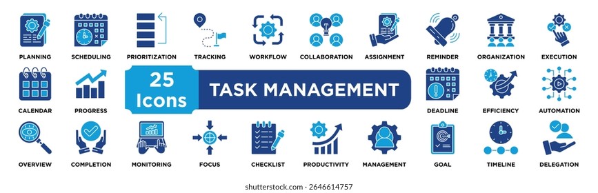 Conjunto de coleta de ícones do Gerenciamento de Tarefas. Ícone de planejamento, programação, priorização, rastreamento, fluxo de trabalho, prazo, atribuição, lembrete, organização e execução. Vetor de linha simples.
