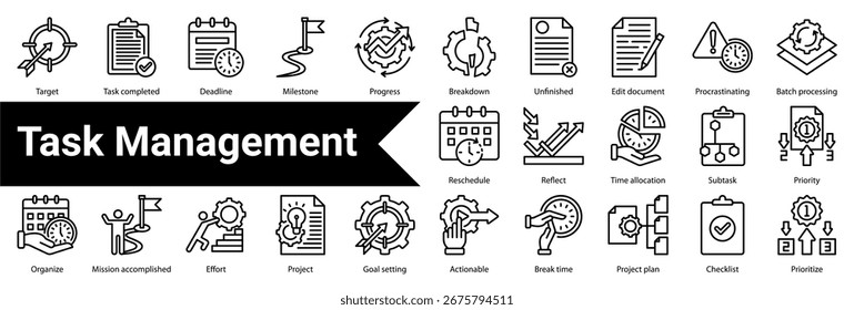 Taskverwaltungs-Symbolsammlung und -Set, die Folgendes enthalten: Ziel,Aufgabe abgeschlossen,Frist,Meilenstein,Fortschritt,Aufschlüsselung,Unvollendet,Dokument bearbeiten,Aufschieben,Stapelverarbeitung,Umschulden,Reflektieren