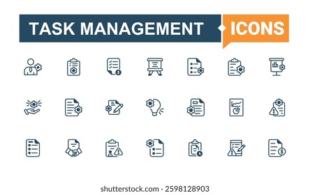 Task Management icon. It contains symbols to team, implementation, marketing, communication, set and more. Project Management icon pack. Icons for design. Vector outline and solid icons collection.