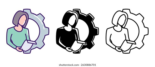 Task Management icon represented by women holding task paper, gear Line, Filled, Color style.