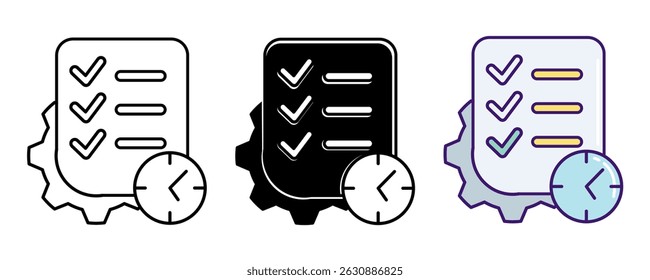 Task Management icon represented by checklist, gear, watch Line, Filled, Color style.