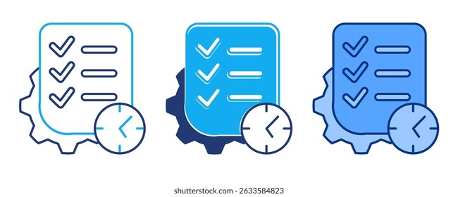 Ícone Gerenciamento de tarefas representado por checklist, engrenagem, relógio Azul, Dualline, Dualtone estilo.