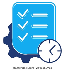 Task Management icon represented by checklist, gear, watch Dualtone style.