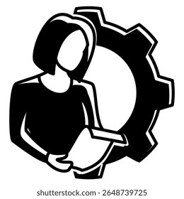 Ícone de Gerenciamento de tarefas representado por mulheres segurando papel tarefa, estilo engrenagem Black Filled.