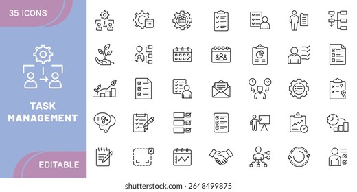 Task Management Icon Set – Productivity, To-Do List, Time Management, Workflow, Planner, Reminder, Calendar, Project Planning, Checklist, and Organization Symbols in Line Style
