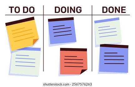 Task management, kanban board for planning and tracking work process. Doing, done, columns with notes for business project, workflow organization. Flat vector illustration isolated on white background