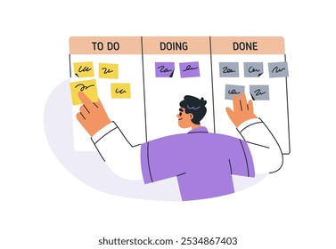 Task management with kanban planning board. Man tracking, controlling completion progress with notes. Work organization, productivity concept. Flat vector illustration isolated on white background