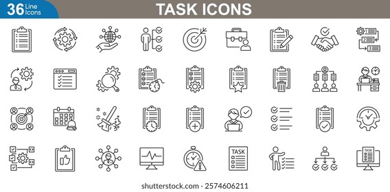 Task management line Icons set. Vector illustration featuring productivity tools, workflow symbols, and project organization elements for business and personal Use.