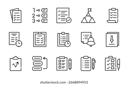 Conjunto de ícones lineares do gerenciamento de tarefas. Lista de verificação, plano de ação, tarefa pendente, calendário, produtividade, lembrete, prazo final, fluxo de trabalho, planejador, agenda, projeto, nota, pacote de ícones de vetor. Conjunto de design de interface do usuário de estilo de linha fina