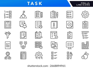 Task management linear icon set. Checklist, action plan, to-do, calendar, productivity, reminder, deadline, workflow, planner, schedule, project, note, vector icon pack. Thin line style UI design set