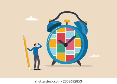 Task management or manage project to do list, productivity tools, schedule and deadline, organize busy work, Kanban board for efficiency concept, project manager hold pencil with task on alarm clock.