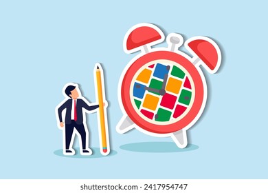 Task management or manage project to do list, productivity tools, schedule and deadline, organize busy work, Kanban board for efficiency concept, project manager hold pencil with task on alarm clock.