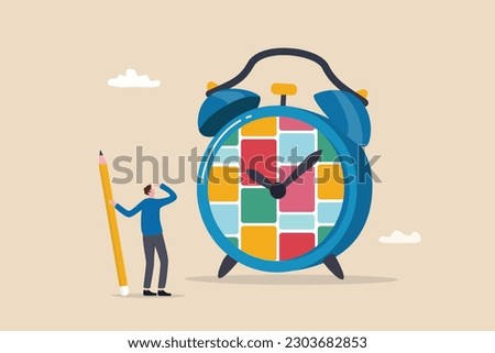 Task management or manage project to do list, productivity tools, schedule and deadline, organize busy work, Kanban board for efficiency concept, project manager hold pencil with task on alarm clock.