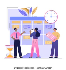 Task management. Men and woman standing in front of list of projects and complete tasks on deadline. Time management. Strategies for improving employee efficiency. Cartoon flat vector illustration