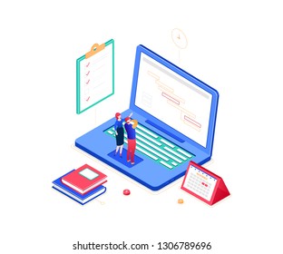 Task management - modern colorful isometric vector illustration on white background. A composition with male, female business colleagues discussing their plans, laptop, check list, books and calendar