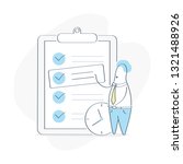 Task management, task prioritization. Project Manager standing near check list and planning iterations. Scrum task board full of tasks on sticky note cards. Flat outline vector concept on white