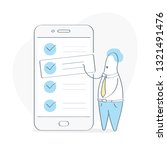 Task management, task prioritization. Project Manager standing near check list on smartphone and planning iterations. Scrum task board full of tasks on sticky note cards. Flat outline vector concept