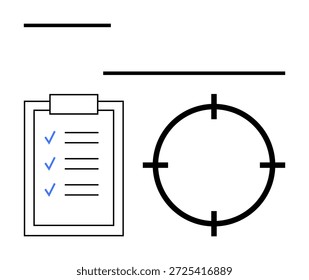 Task management, productivity, goal setting, strategic planning, performance tracking, achievements. A clipboard with checkmarks and a circular target icon. Productivity and goal setting concept