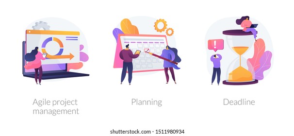 Configuración de iconos de administración de tareas y productividad. Esquema de organización y optimización de flujos de trabajo. Gestión ágil de proyectos, planificación, metáforas del plazo. Ilustraciones de metáforas conceptuales aisladas por vectores.