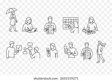 Gerenciamento de Tarefas Produtividade Linha Arte Ilustração Conjunto Minimalista Vetor Pessoas Ícones