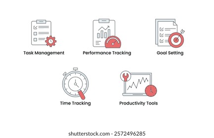 Task Management and Productivity Tools icon set. Includes Task Management, Performance Tracking, Goal Setting, Time Tracking icons. Vector icon set.