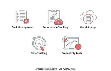 Task Management and Productivity Tools icon set. Includes Task Management, Performance Tracking, Goal Setting, Time Tracking icons. Vector icon set.