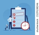 Task management, project Manager standing near check list and planning iterations, scrum task board full of tasks on sticky note cards, time management vector concept